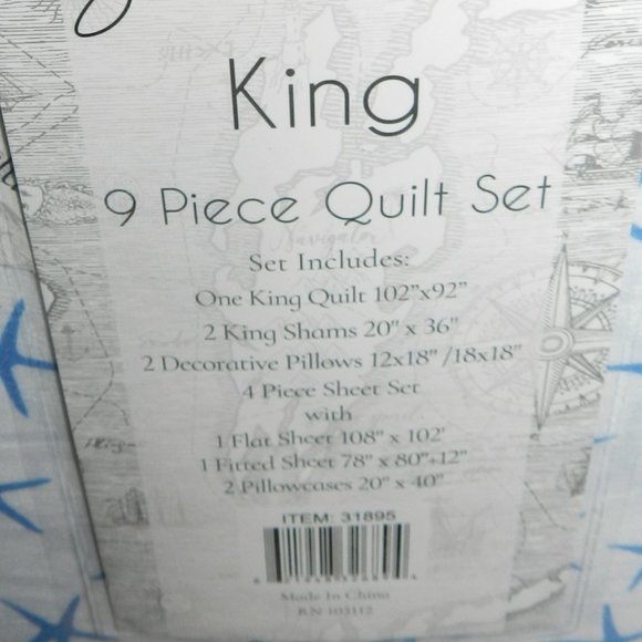 Sun & Sea 9 Pc Quilt Bedding Set Ocean Seashells Coastal King Blue/White NEW/NEW - Picture 13 of 14